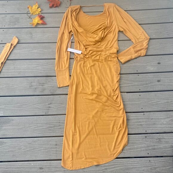 Young Fabulous & Broke Marigold Yellow Midi Drape Ruched Dress Backless Large - Picture 10 of 14